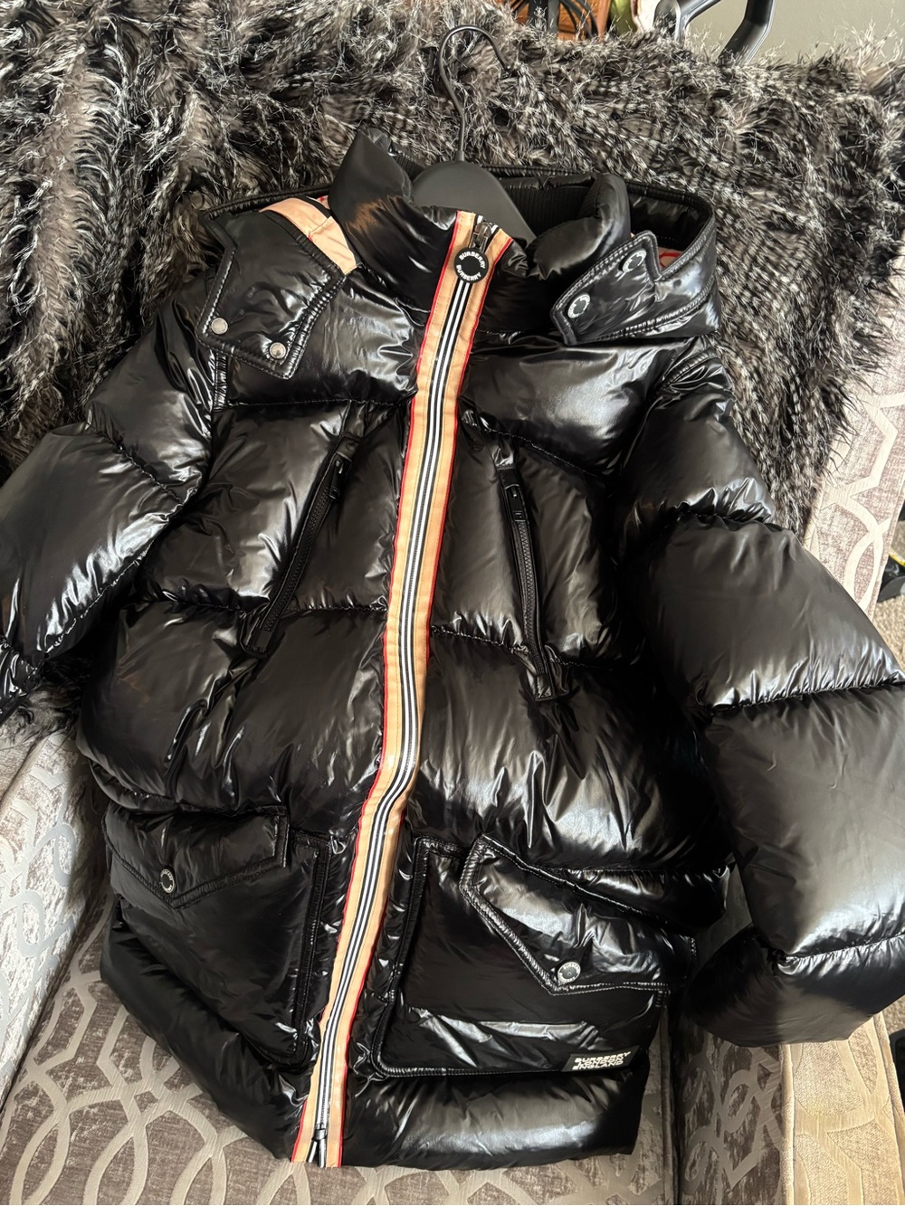 Burberry Black Kids Glossy Puffer Jacket with Striped Trim